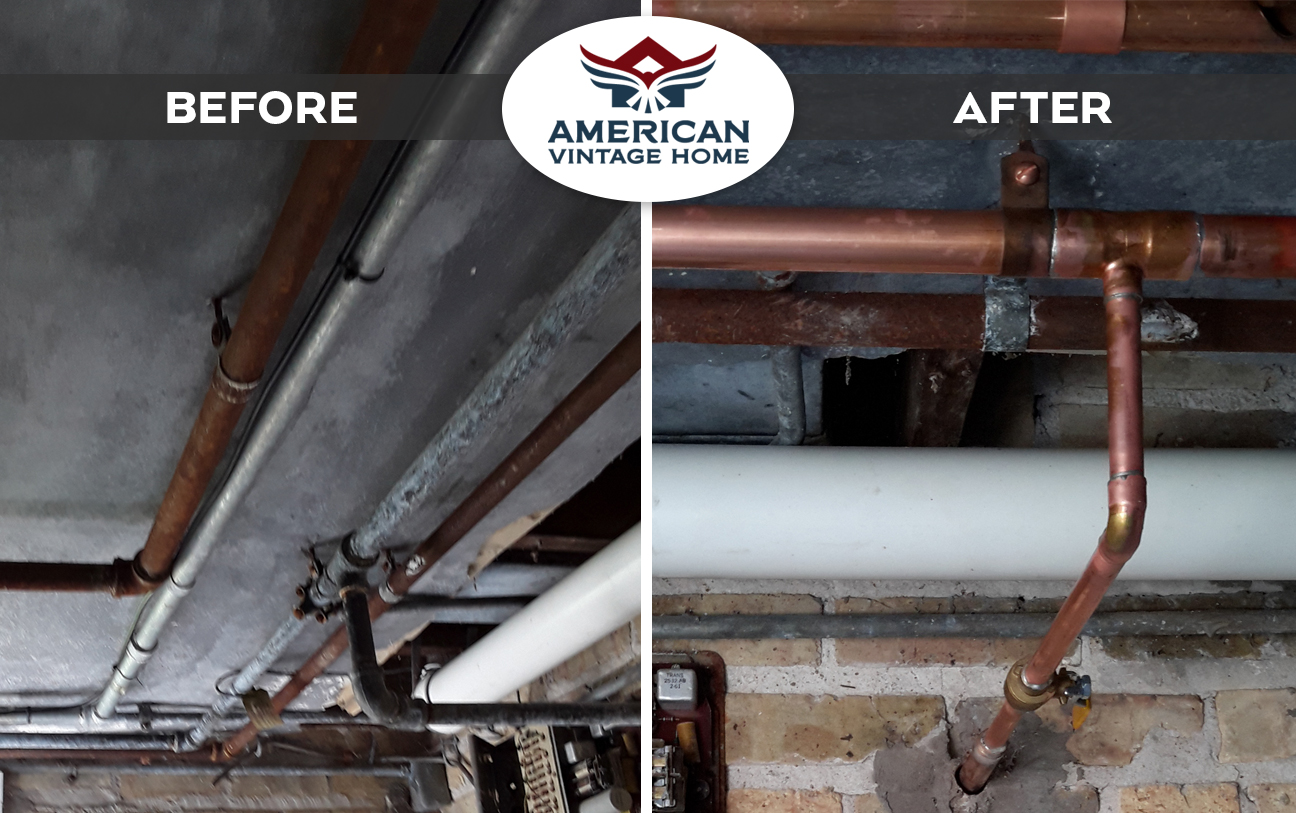 Before and after comparison of copper water pipe installation