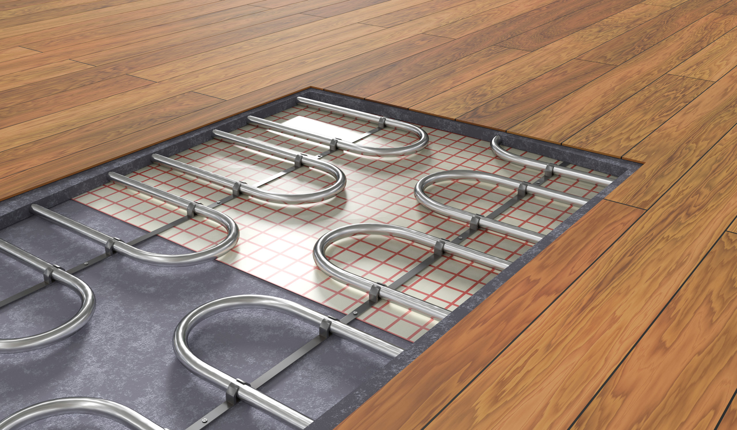 Underfloor heating system under wooden floor. 3D rendered illustration.