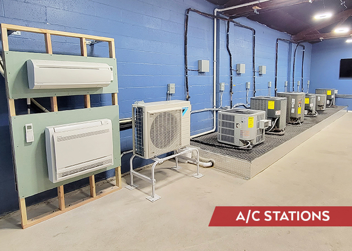 Air conditioning stations with different outdoor AC units and ductless minisplit units next to each other for educational purposes and comparison by customers